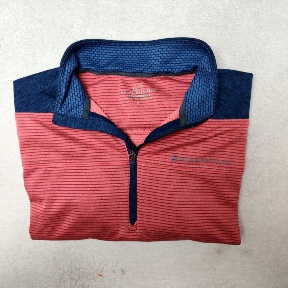 Vineyard Vines Pullover Men L‎ Pink Striped Sankaty 1/4 Zip Mock Neck Golf Work
